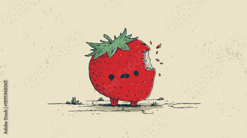 Adorable illustration features a cute, anthropomorphic strawberry with a bite taken out of it