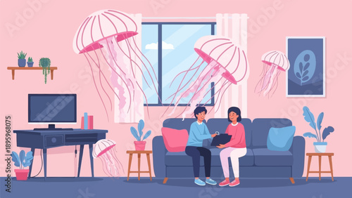 Surreal interior scene with floating jellyfish and two people on a couch