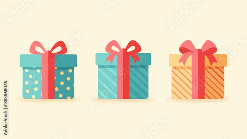 Three colorful gift boxes with bows on a plain background