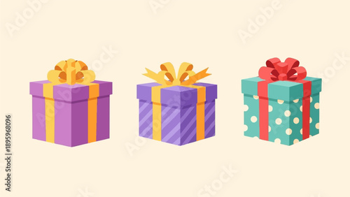 Three colorful gift boxes with ribbons and bows on a light background