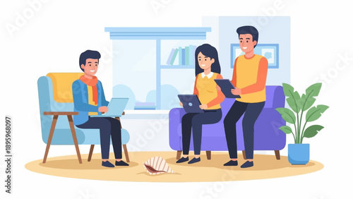 Three people using laptops and tablets indoors