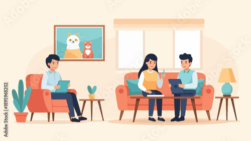 Three people in a room with furniture and artwork