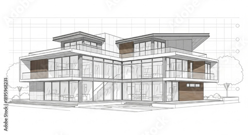 Architectural concept sketch showcasing a contemporary luxury home design with detailed blueprint lines