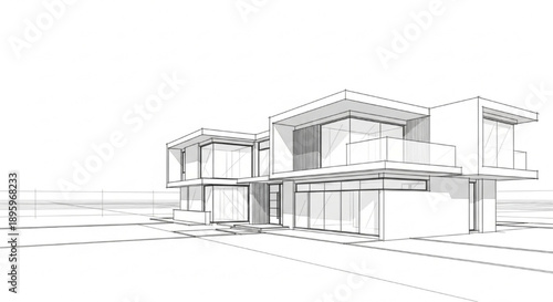 Elegant modern house design presented as a precise architectural line drawing on a pristine white background