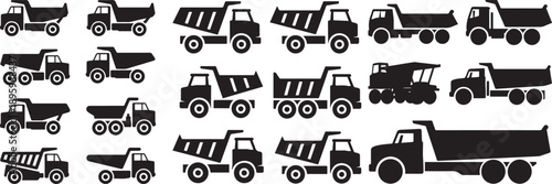 Set of dump truck. Silhouette vector icon illustration with white background