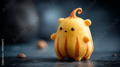 A cute, stylized, squash-like character with tiny arms and ears against a muted, textured backdrop