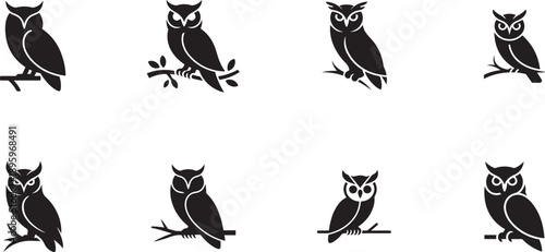 Set of elegant wise owl bird perch. Silhouette vector icon illustration with white background