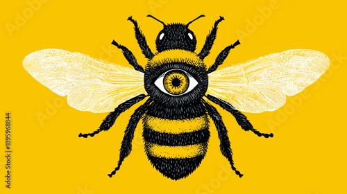 A stylized illustration features a bee with an eye at its center. Its wings are translucent