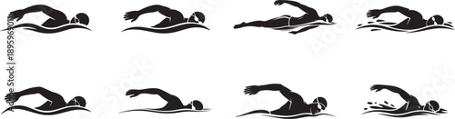 Set of swimmer athlete. Silhouette vector icon illustration with white background
