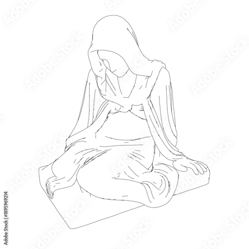 A gothic statue of a girl in a cloak sits in a meditative lotus position with eyes closed.