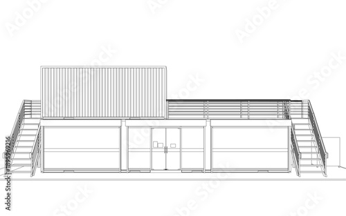 A black and white architectural drawing details a shipping container home plan with exterior stairs leading to an integrated garage.