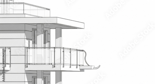 Sketch of a modern building with balconies and glass railings, architectural design concept