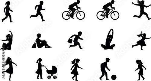 Collection of 14 black silhouette icons depicting people engaging in various physical activities and sports