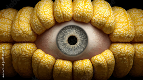 Close-up artistic vision. A human eye centered with maize surrounding and black background