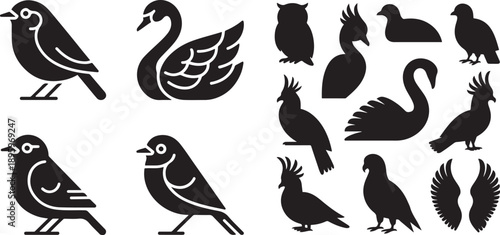 soft bird plumage set. silhouette vector icon illustration with white background