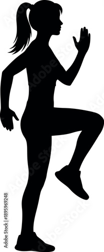 A woman in a dynamic running or dancing pose with her leg raised