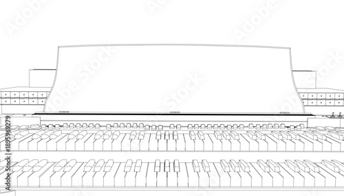 A vintage piano contour drawing in black and white, featuring clearly defined keys and a classic silhouette.
