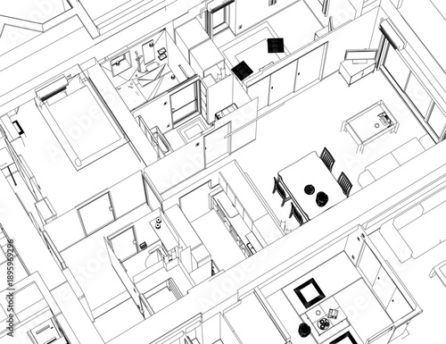 A minimalist black and white contour drawing of a furnished apartment interior, featuring tables, chairs, and various objects on the floor.