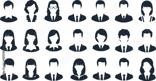 Collection of 25 anonymous business professionals icons in black and white