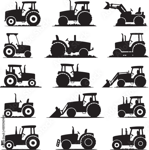 collection of tractor silhouettes in various positions and models
