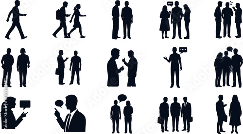 Collection of business people silhouettes in various professional interactions
