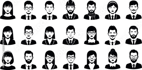 Illustrations of 20 unique business professionals with varying facial expressions and hairstyles