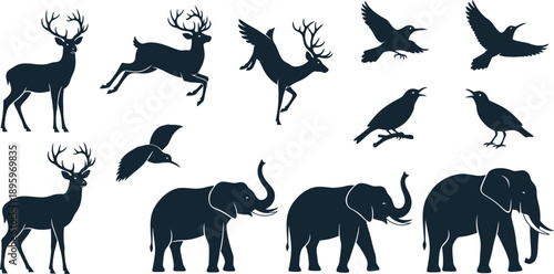 Silhouettes of various animals including deer birds and elephants in black on a white background