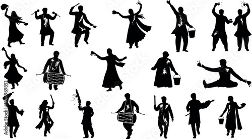 Collection of 16 black silhouettes of people dancing and playing musical instruments in various poses