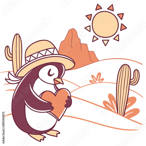 An adorable Penguin with a Peaceful vibe, holding a heart, and a Sundown Glow Desert sunset theme – SVG style