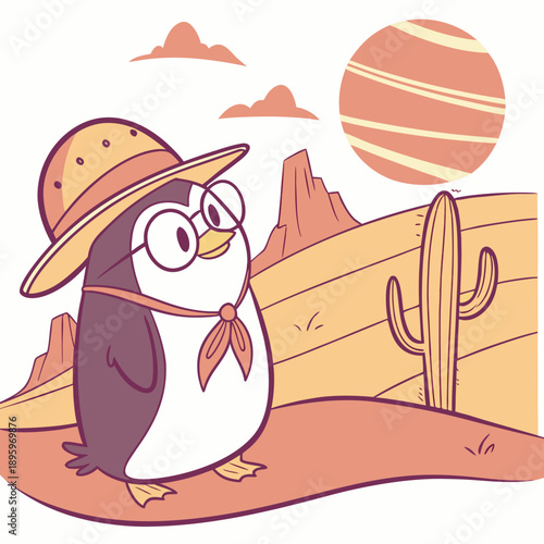 Sundown Glow themed SVG: Joyful Penguin with wearing glasses in a Desert sunset environment