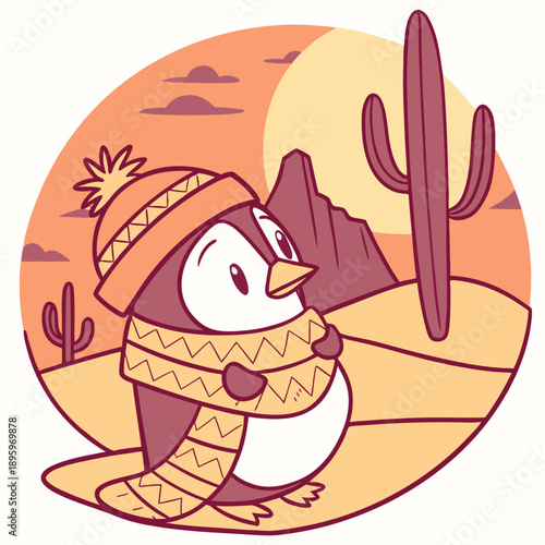 An adorable Penguin with a Amused vibe, snuggled in a sock, and a Sundown Glow Desert sunset theme – SVG style