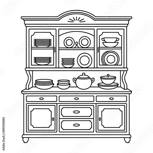 Vintage Kitchen Hutch Line Art Illustration with Dishes and Cabinet Shelves
