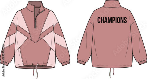 Women color block pullover jacket technical flat sketch vector illustration front back views modern casual streetwear apparel design template