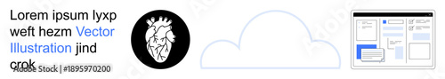 Cloud computing, online storage, web development, digital health, technology design, software interfaces. Features a cloud graphic, anatomical heart symbol and website layout. Cloud computing