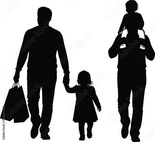 Vector, black, silhouettes, of, a, happy, father, holding, shopping, bags, walking, with, his, young, daughter, and, carrying, a, toddler, on, his, shoulders