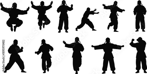 Vector, black, silhouettes, of, a, martial, artist, in, a, kimono, performing, karate, and, judo, moves, including, jumping, kicking, and, various, combat, defense, fighting, poses