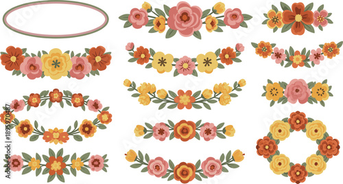Collection of warm autumn floral wreaths and symmetrical flower dividers in a flat vector style featuring roses and blossoms for rustic fall wedding invitations.