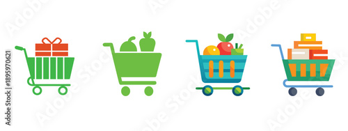Shopping cart and grocery basket icon set, colorful retail store purchase symbol, e-commerce gift box and organic fruit delivery package, vector illustration with editable stroke.