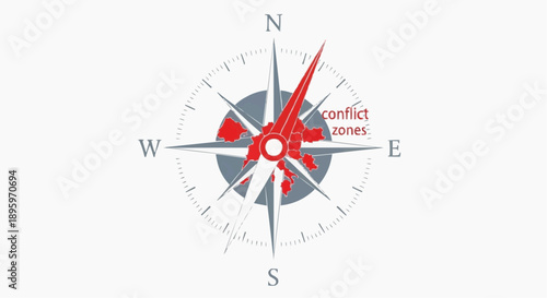 Compass needle highlighting global conflict zones, symbolizing areas of geopolitical instability and danger