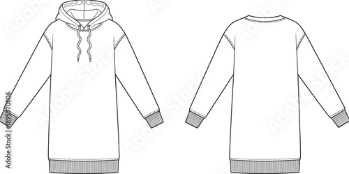 Women hoodie dress technical flat sketch vector illustration front back views casual sweatshirt apparel design template fashion production use ready