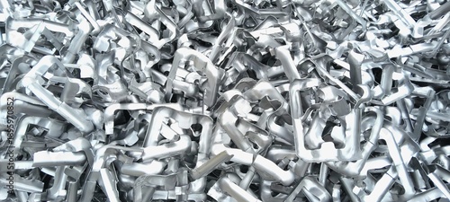 Photos Pile of shiny industrial stainless steel scrap metal pieces for recycling process