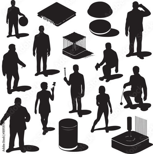 set of black silhouettes of people and objects on white background