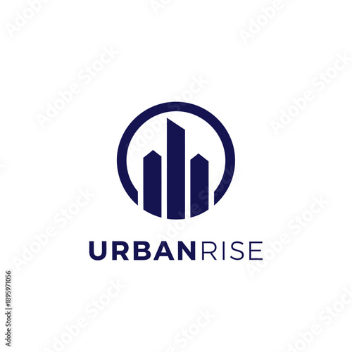 Modern navy blue skyscraper silhouette inside a circle icon for urban property development and real estate agency corporate logo URBANRISE