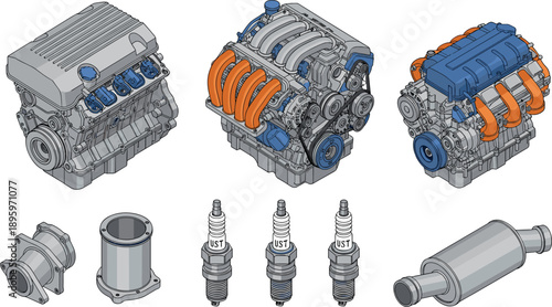 Automotive engine components illustration set showing car engines spark plugs exhaust parts and mechanical assemblies, detailed technical vector design for vehicle engineering and auto repair concepts