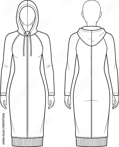 Women long hooded zip up dress technical fashion illustration front and back view winter casual outerwear vector template apparel design