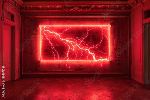 Red lightning illuminating luxurious room with wooden floor and vintage wallpaper