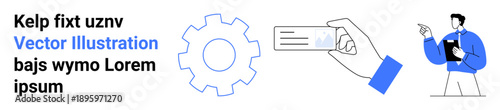 Business development, teamwork, identity verification, professional success, guidance, problem-solving. Gear, ID card in hand professional pointing at goals. Business development and teamwork