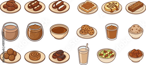 Isometric Date Fruit Dishes and Iftar Food Set for Ramadan, Vector Flat Icon Collection of Arabic Sweets, Desserts, and Drinks with Dates