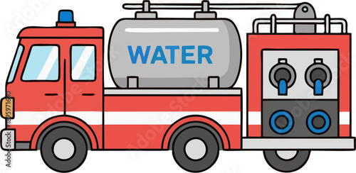 Red Fire Engine Water Tank Rear Hose Nozzle Connections Blue Circular Background Flat Cartoon Vector Illustration