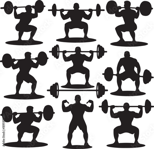 Silhouette of a man lifting weights in various positions